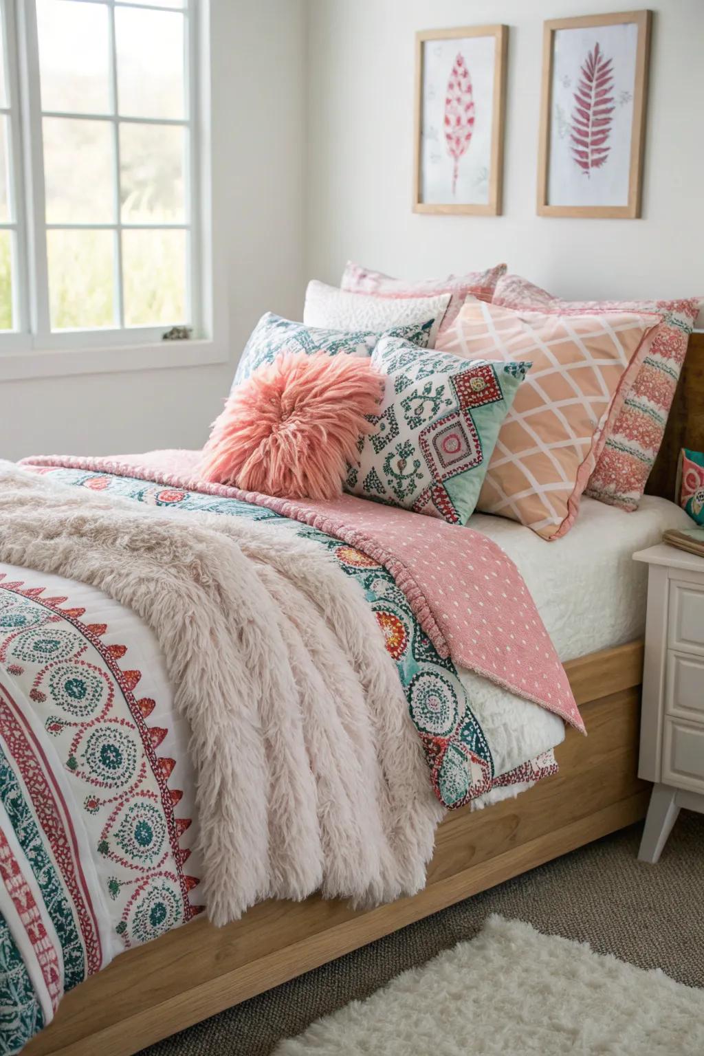 Layered bedding establishes a welcoming and comfortable ambiance.
