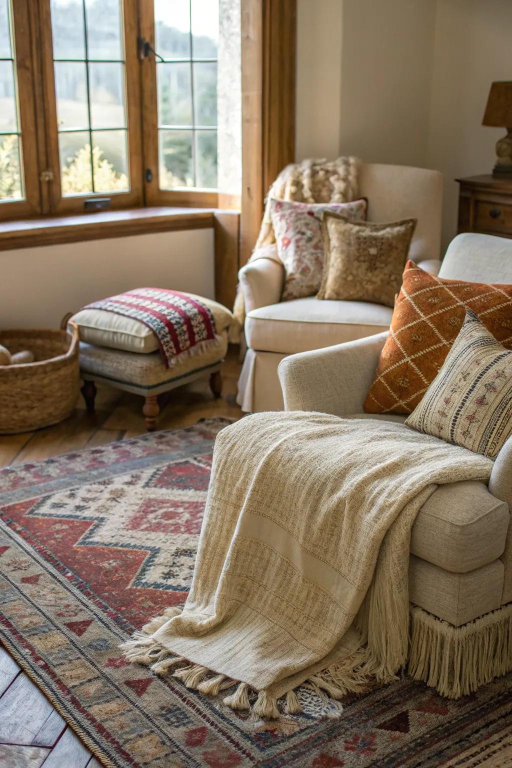 A room is made better by the presence of tactile elements such as throws and rugs that create depth.