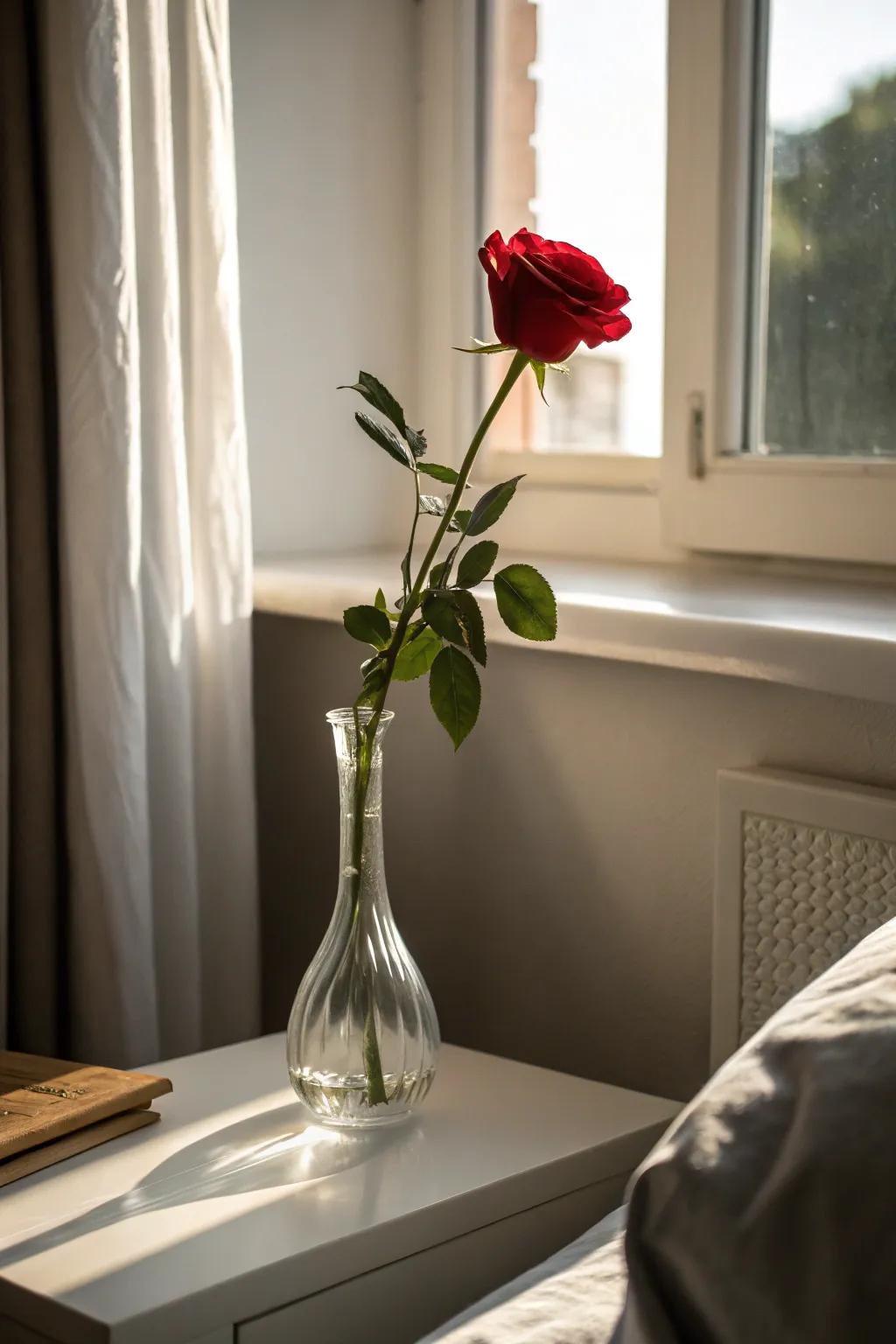 Elegant minimalism manifests as a solitary rose displayed within a svelte vase.