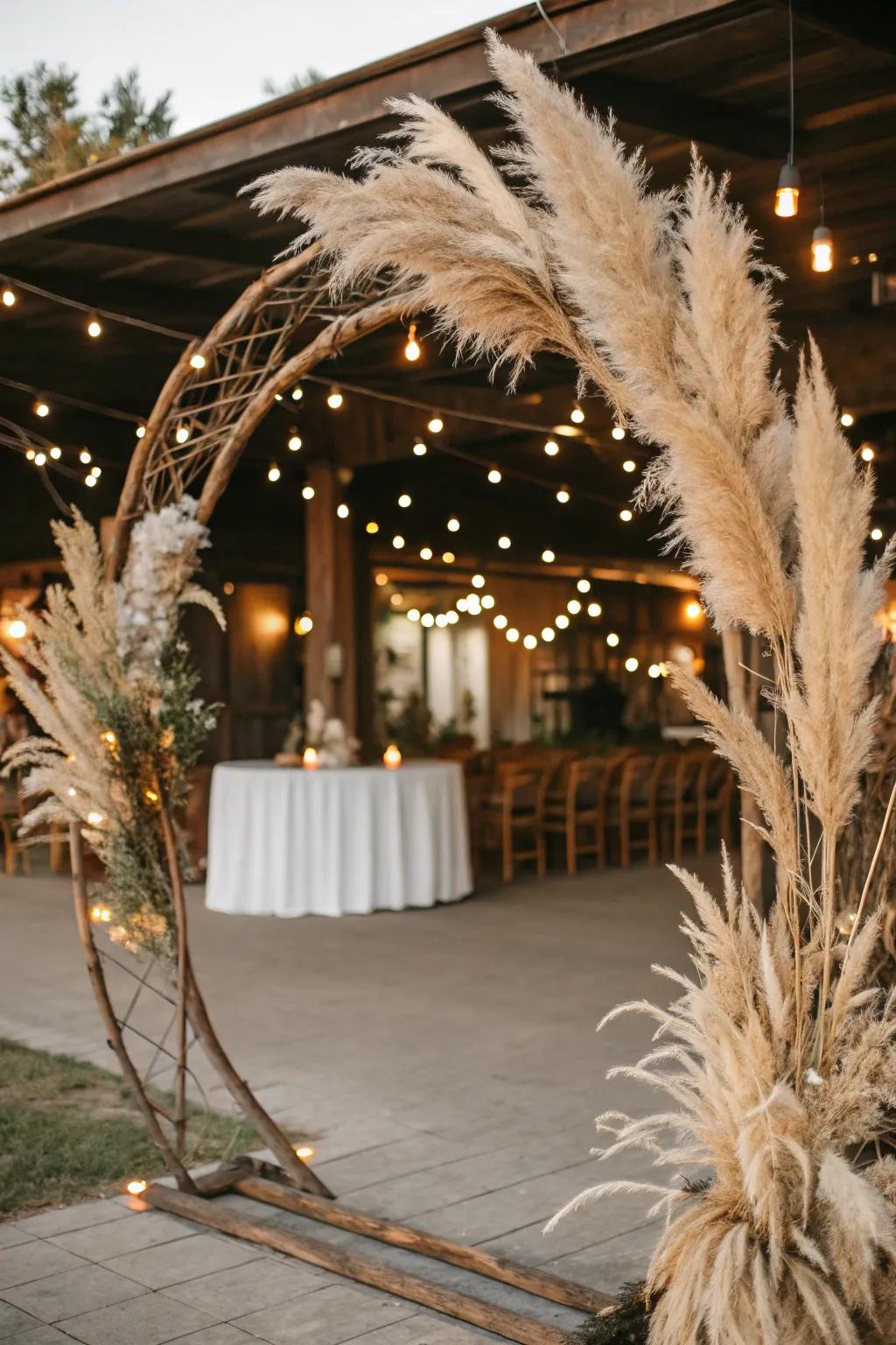 A rustic-themed round arch enhanced with pampas grass for a bohemian touch.