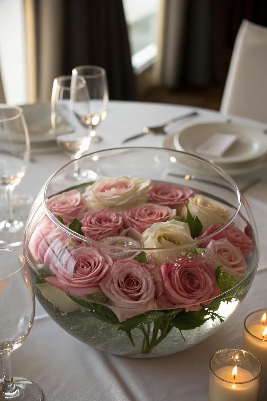 Submerged blossoms within a clear bowl fashion a breathtaking centerpiece.