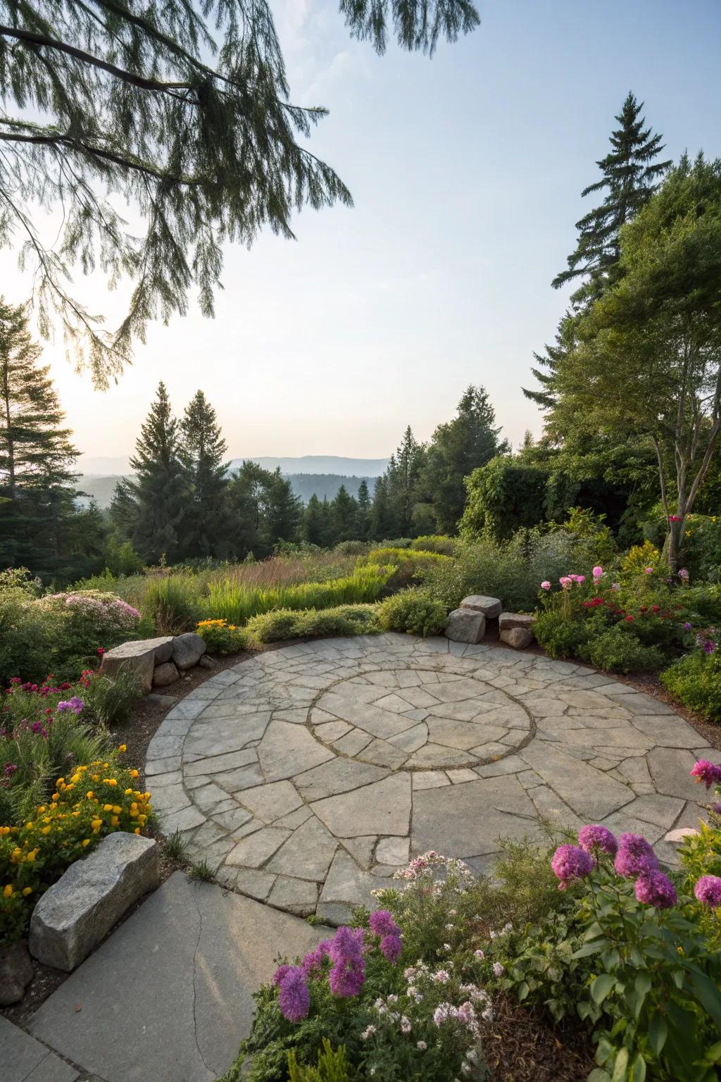 This round patio is enhanced by the sophistication of natural stone.
