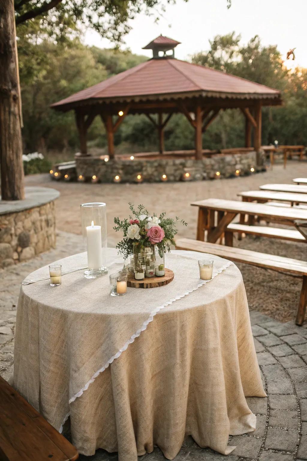 Rustic charm showcased in a burlap table covering at an outdoor wedding.