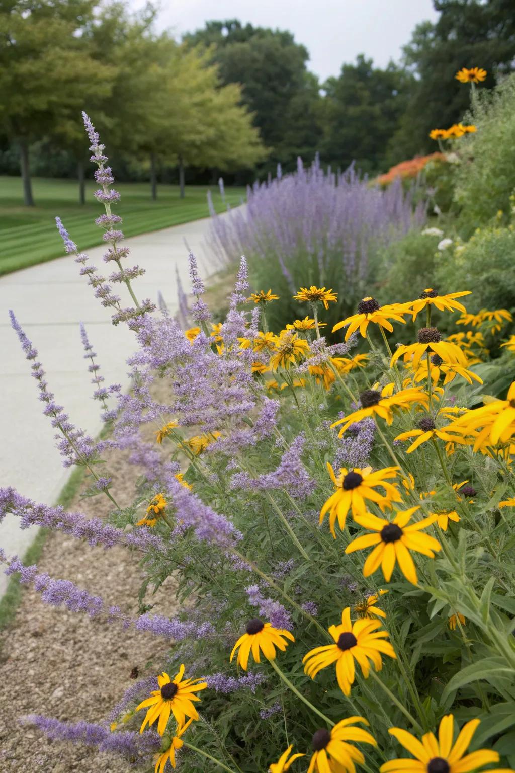 A delightful garden pairing of Azure Beauty with sunny yellow stars.
