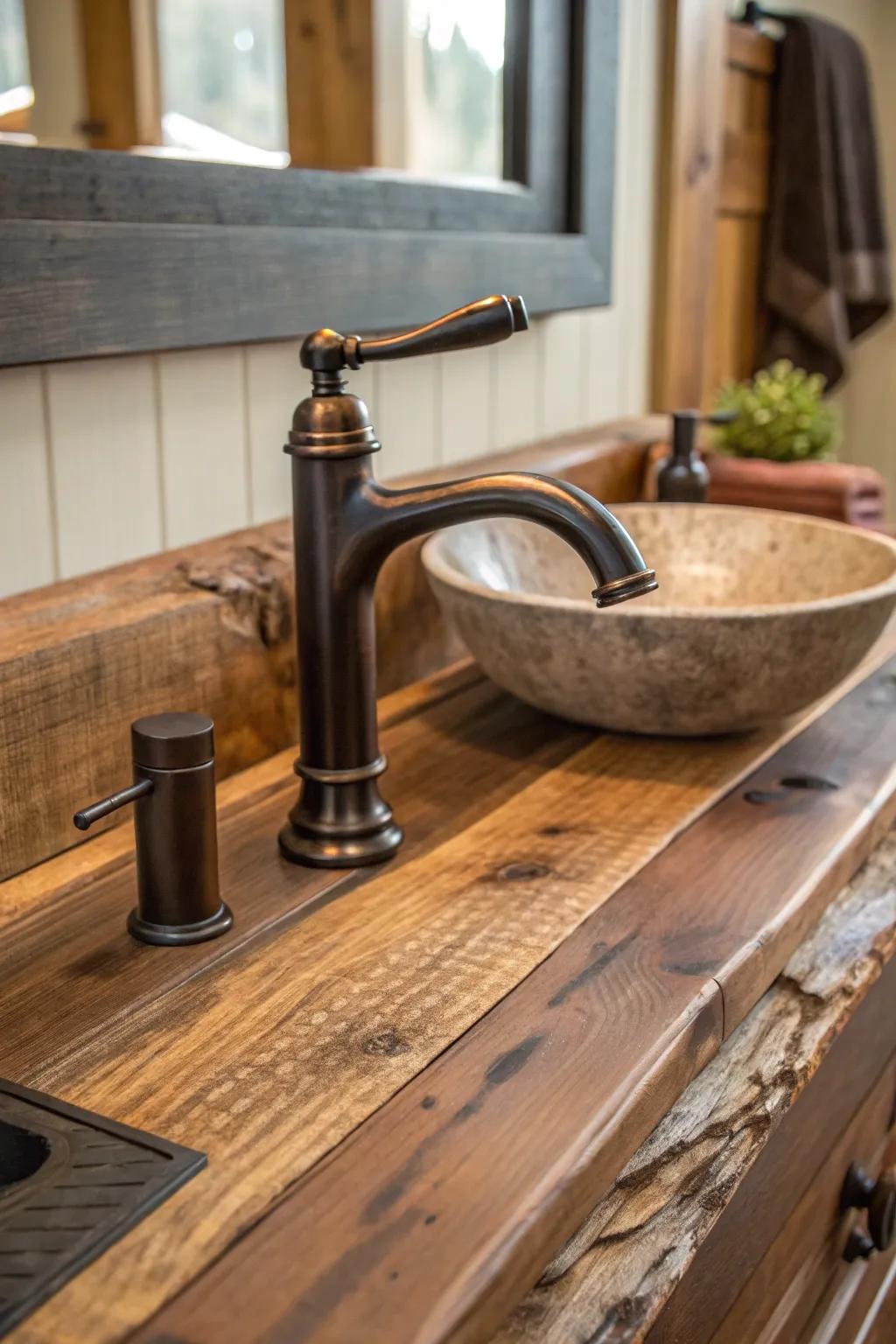 Dark bronze water spouts integrate effortlessly with rustic motifs.