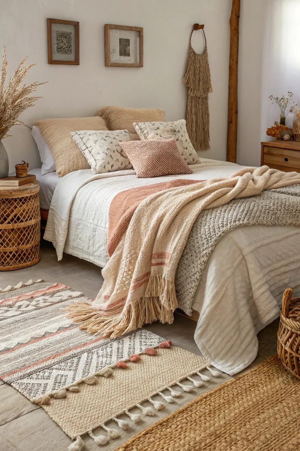 Layered fabrics enhance warmth and texture in this countryside bedroom.