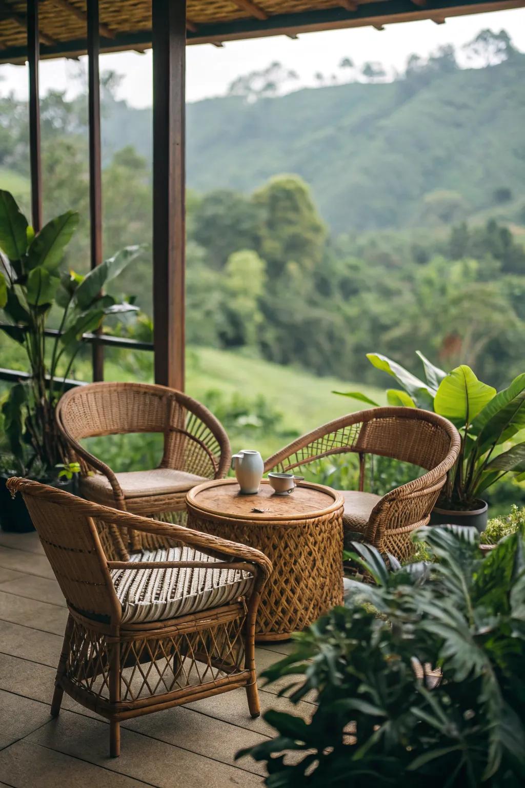 Cane and wickerwork pieces impart a light and natural vibe to the decor.