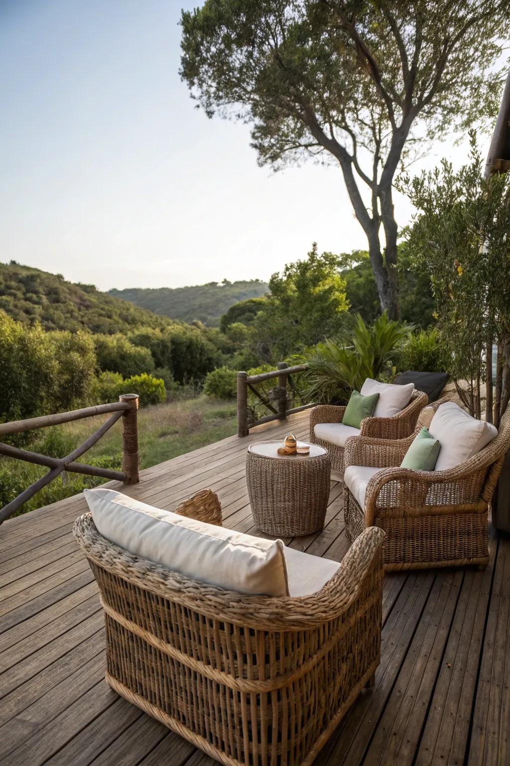 Plush cushions and wicker furniture enhance the cozy vibe of this deck.