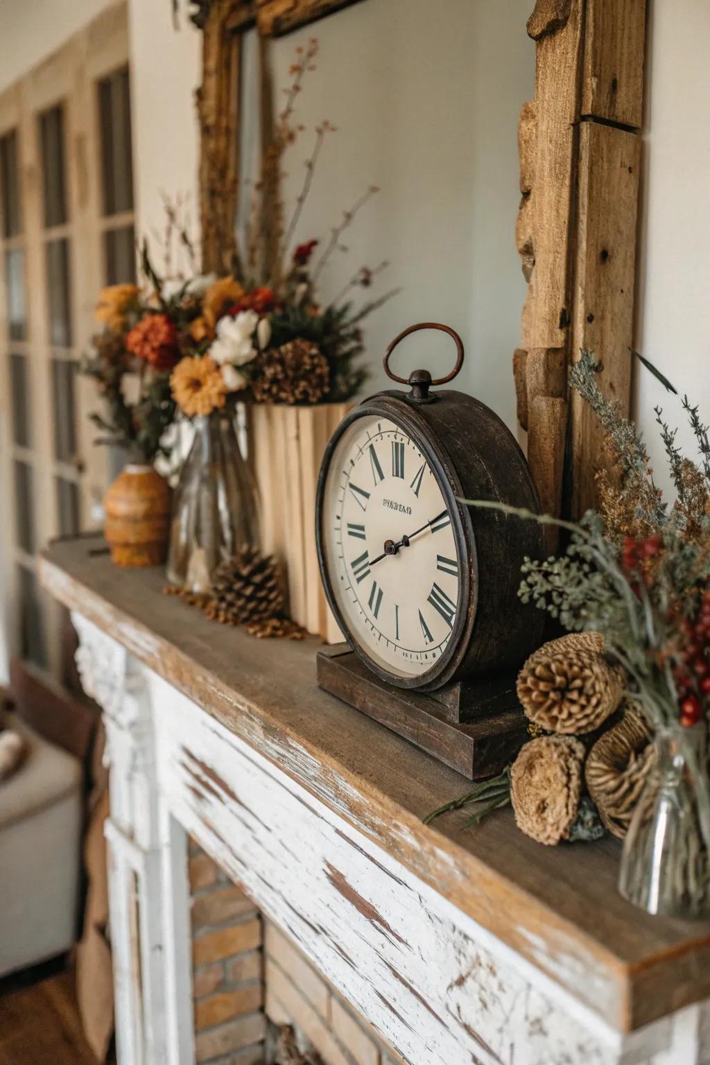 A mantel embellished with an antique timepiece and rustic accents.