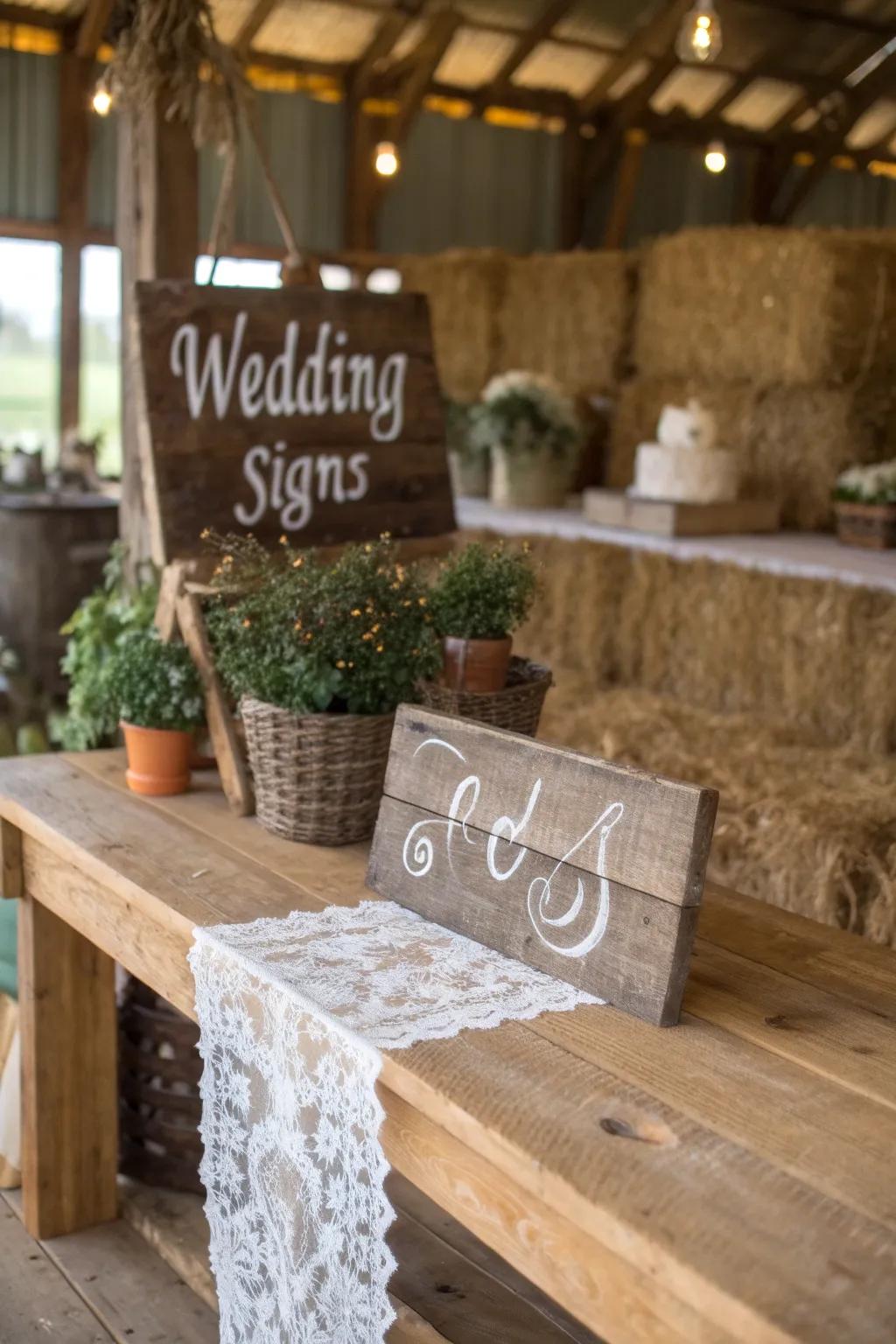 Personalized wooden signs guide guests with charm.