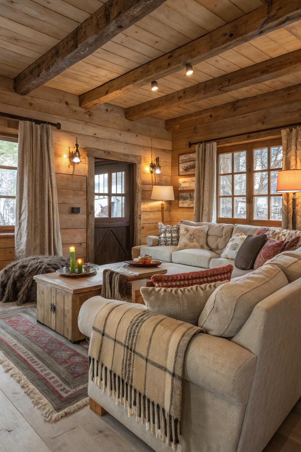 Plush furnishings and layered fabrics create an inviting family room.