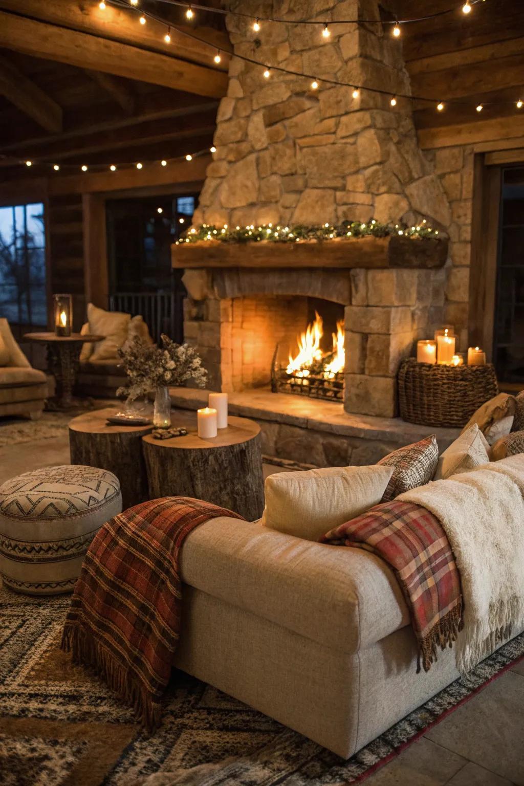 Soft seating enhances the cozy ambiance of this rustic fireplace setting.