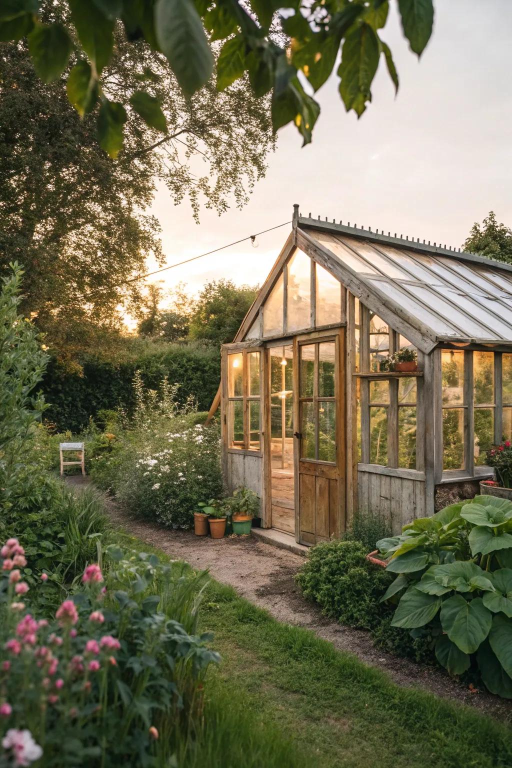 A picturesque timber glasshouse nestled in a countryside garden.