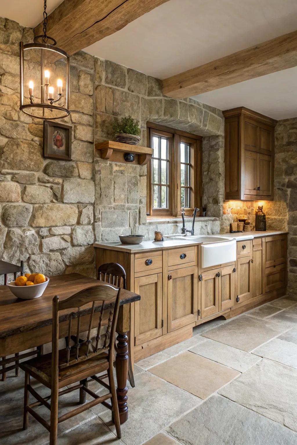 Stone elements introduce a robust yet sophisticated dimension to rustic kitchens.