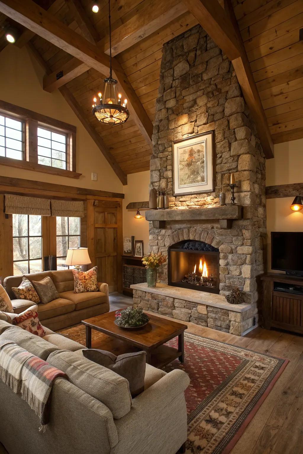 A stone fireplace is the cozy centerpiece of any rustic living room.