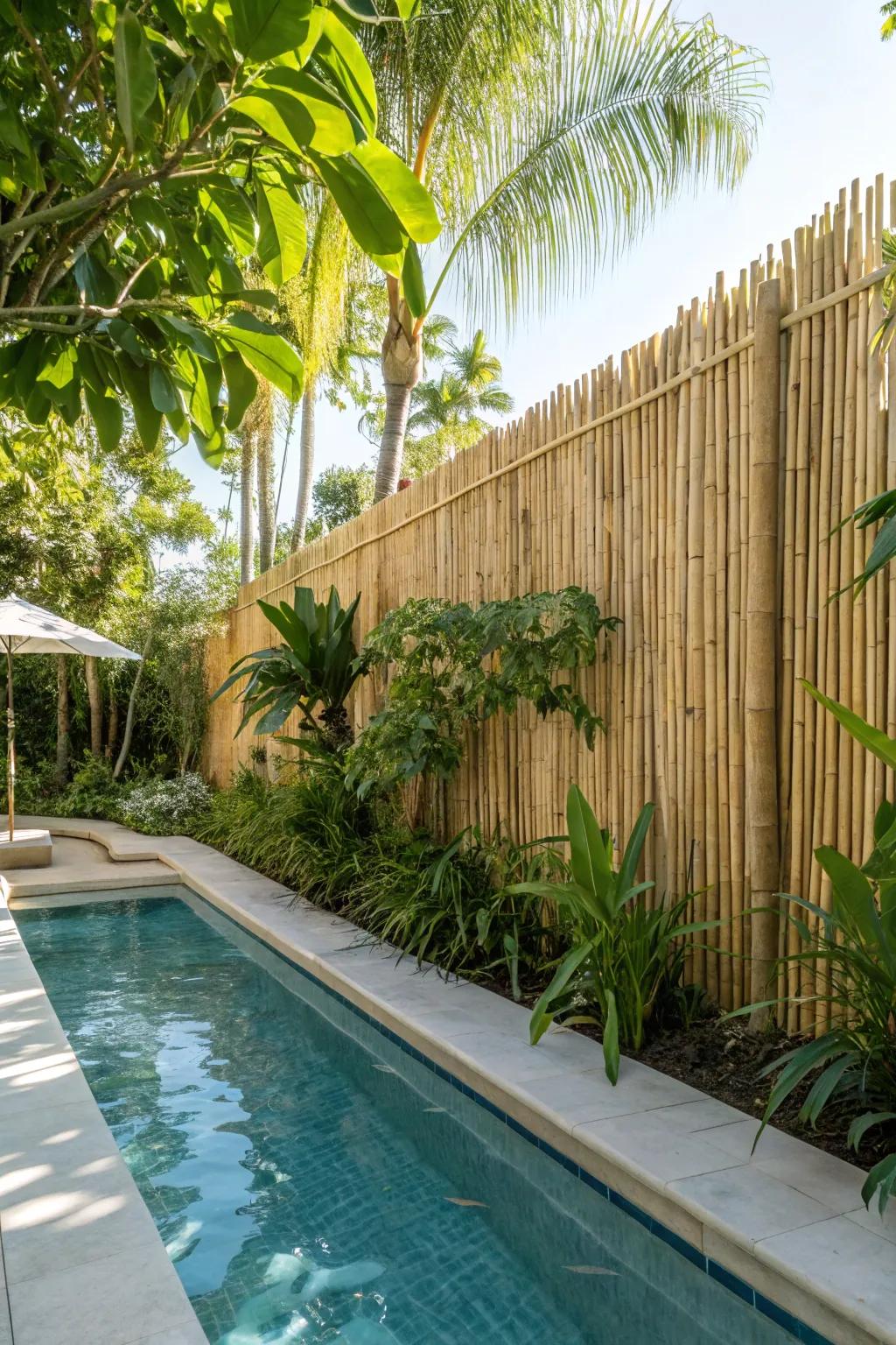 A cane barrier presenting a tropical feel surrounding the pool.