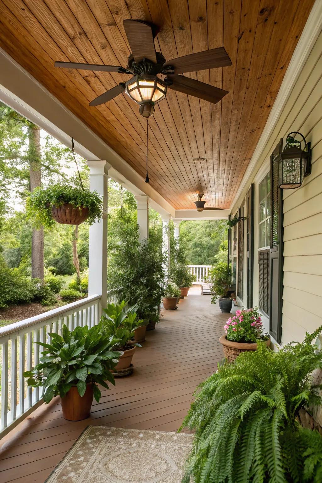 A retro fan enhances the rustic ceiling flawlessly.