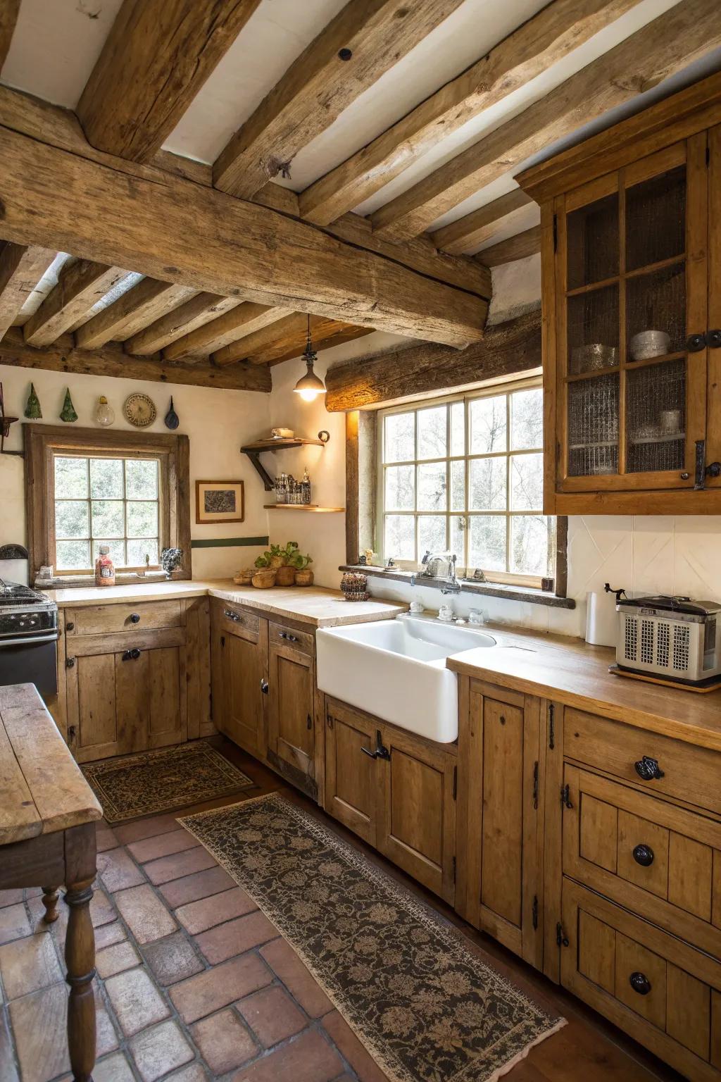 Visible timber rafters contribute character to this countryside kitchen.