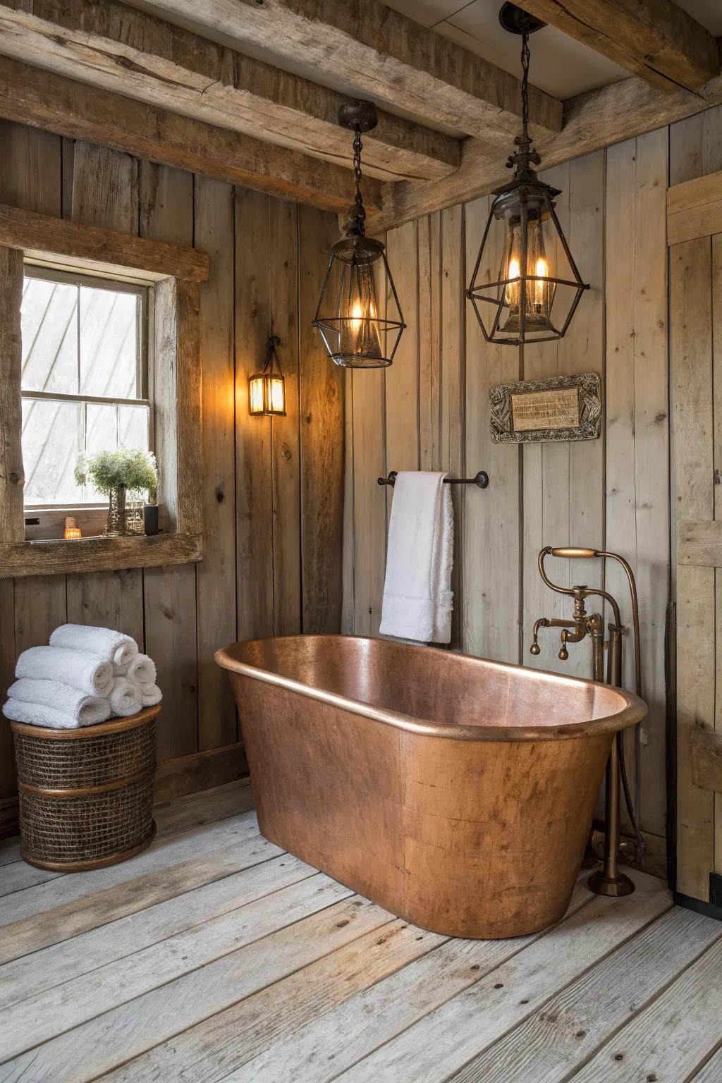 A copper tub that displays <strong>rustic</strong> elegance.” loading=”lazy” class=”pimg”>
	</picture><figcaption>A copper tub that displays <strong>rustic</strong> elegance.</figcaption></figure>
<p>A <strong>copper tub</strong> can act as a stunning centerpiece, mixing <strong>rustic</strong> appeal with sophistication. I’ve used these in multiple designs where they’ve turned into the ultimate statement piece.</p>
<h3>A few things you might like:</h3>
<ul class=