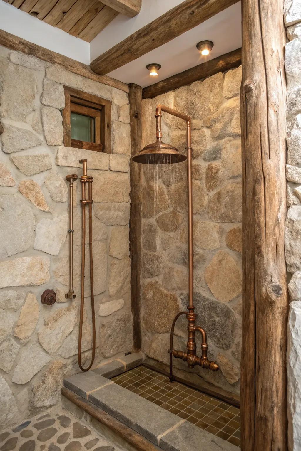 A country-style shower adorned with copper finishes that introduce a timeless appeal.