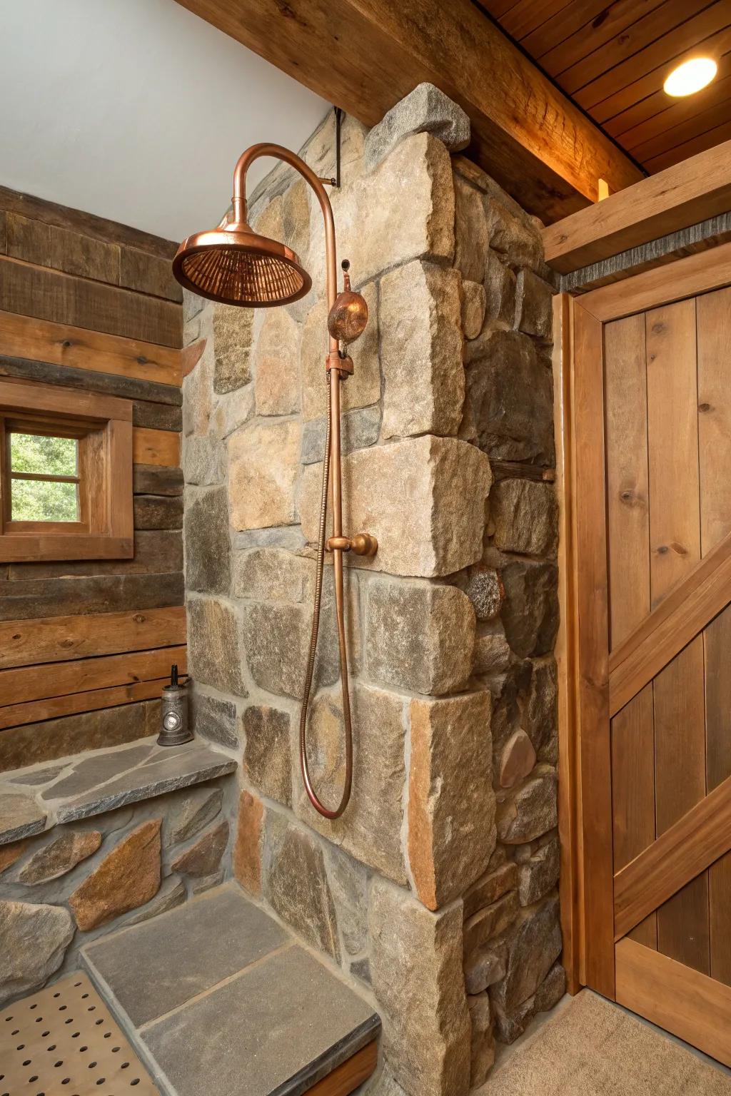 Copper fixtures complement rustic materials in an immaculate fashion.