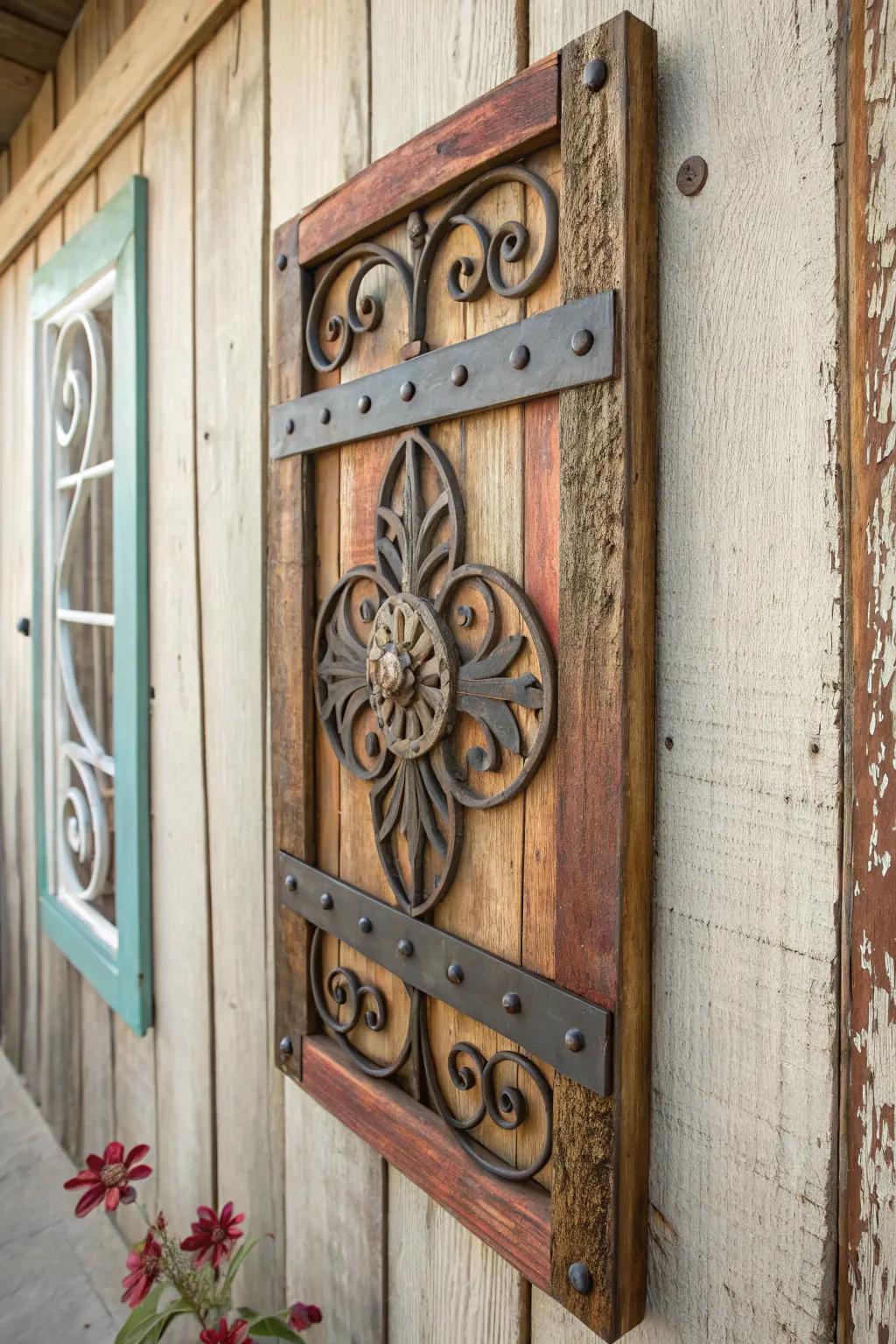 Country wall decorations featuring metal and wood elements bring personality and allure to the decor.