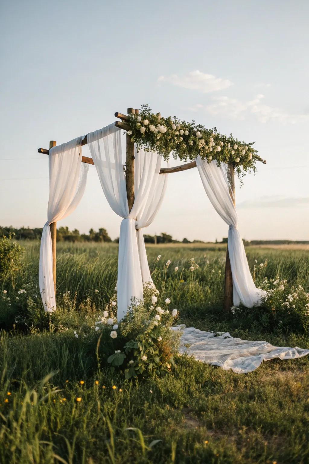 An elegant arch adorned in delicate textile, perfect for a dreamy open-air vow exchange.