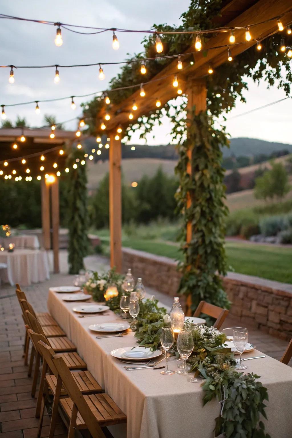 Enchanting dangling lights projecting a warm radiance across a countryside main table.