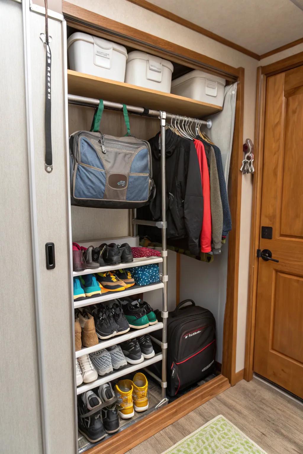 Shoes are kept neatly arranged with a tension rod shoe organizer.