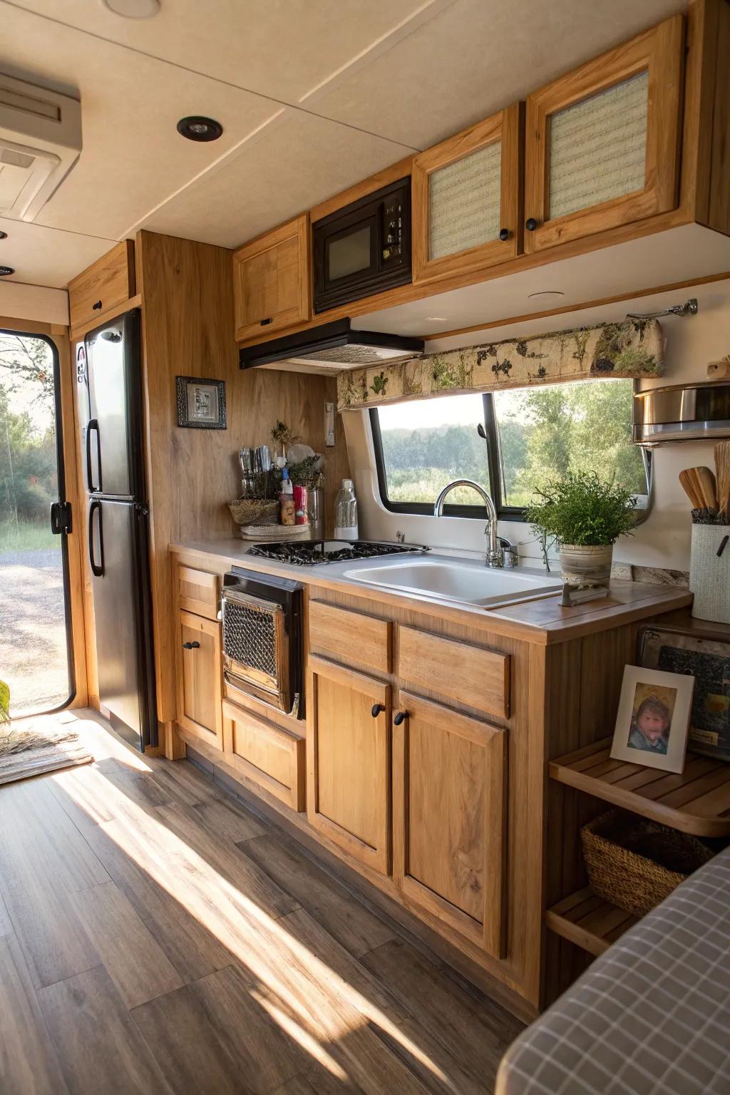 Genuine wood shades infuse warmth and coziness into this RV kitchen.