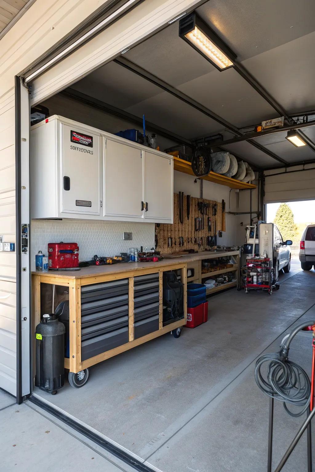 Integrated workshop space within an RV garage for creativity and repairs.