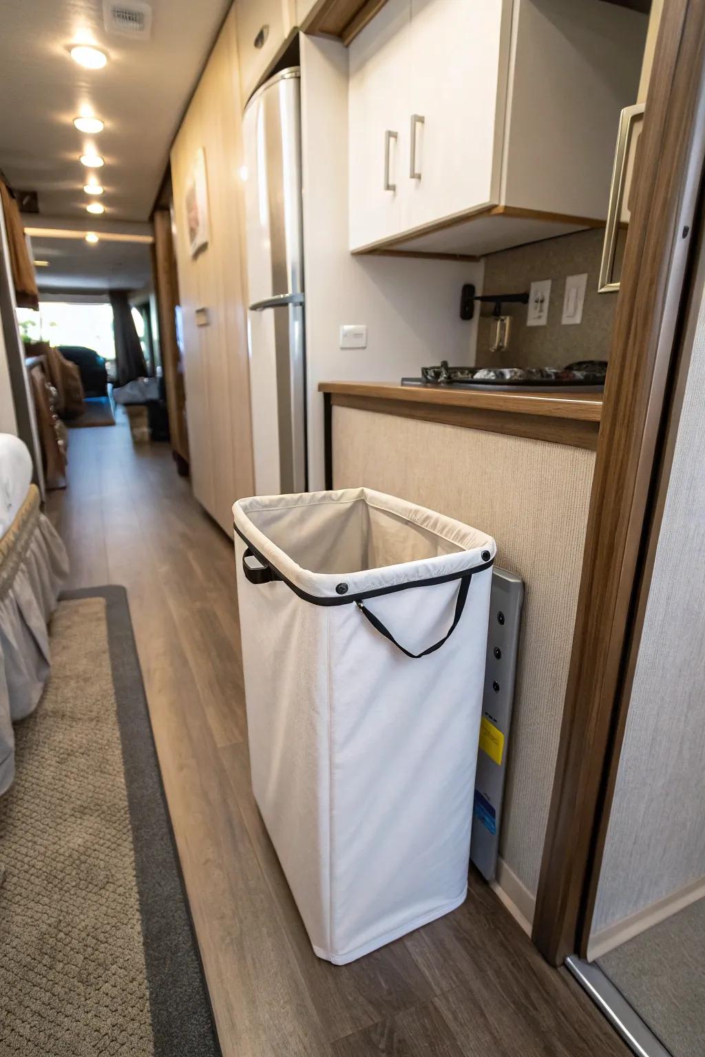 A slimline hamper fitting seamlessly in a narrow RV corridor.