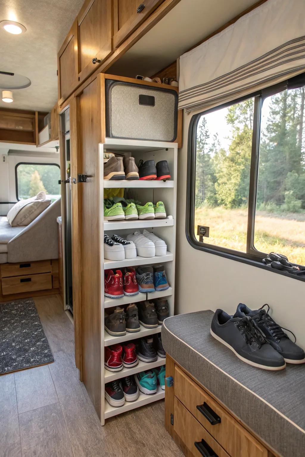 Showcase your shoes vertically with elegant shelving units.