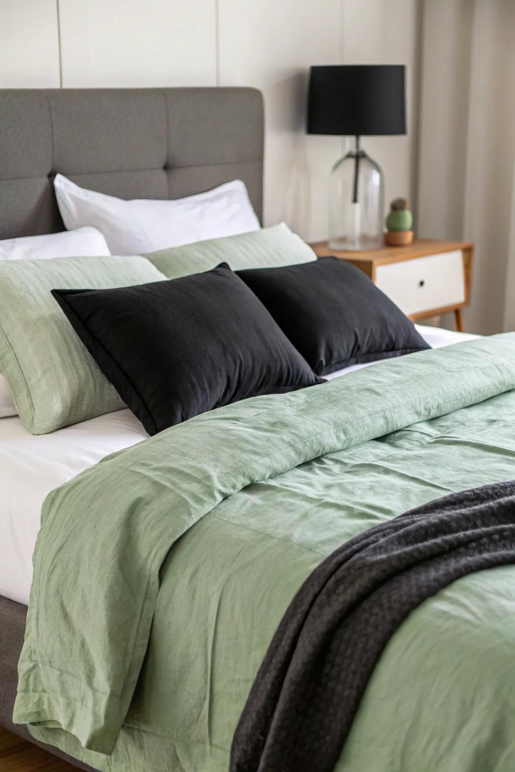 Layered bedding in soft green, charcoal, and ivory delivers both comfort and aesthetics.