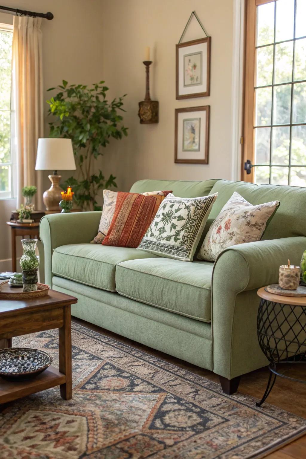 A verdant sofa offers a fashionable and calming central point.