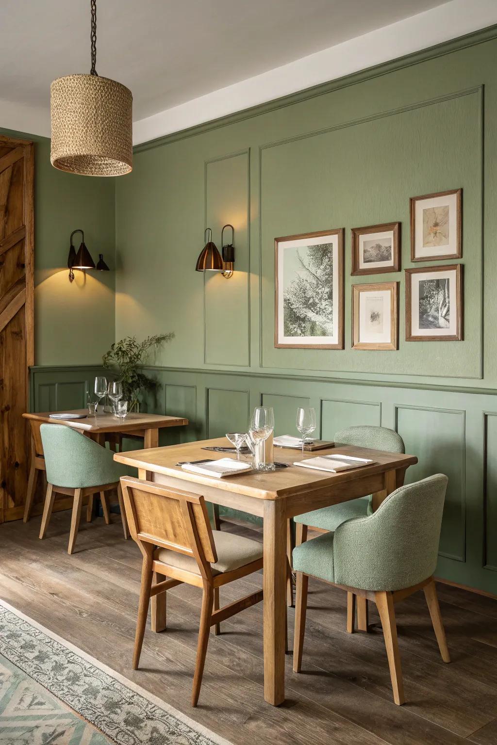 A dining room showing a perfect blend of sage green and natural wood.