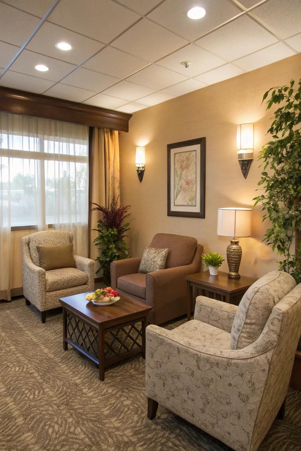 An inviting seating nook encourages relaxation and dialogue.