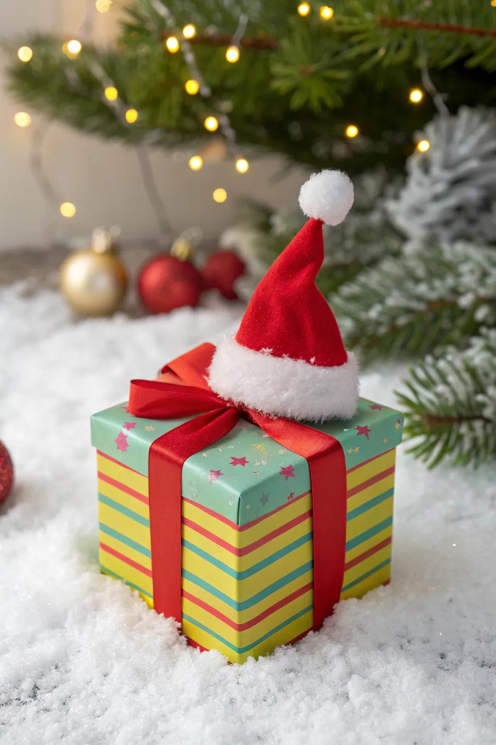 A Santa’s hat decoration incorporates whimsical charm to any present container.
