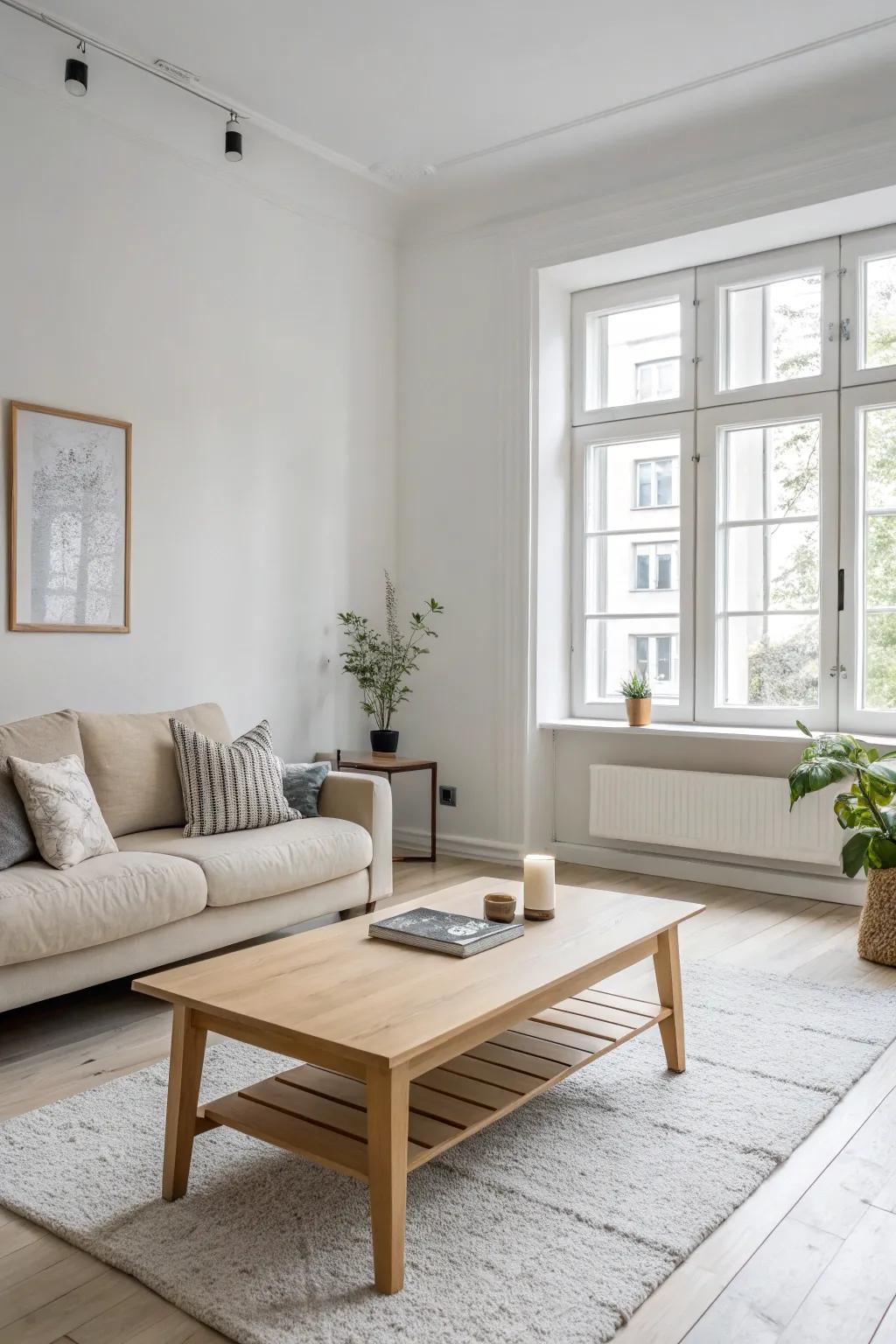 A minimalist design emphasizing simplicity and functionality in a Scandinavian living room.