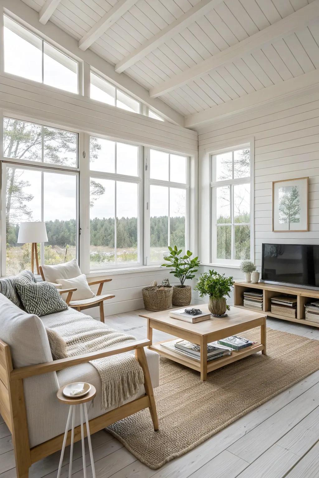 Useful furniture grounds this minimalist Scandinavian room.