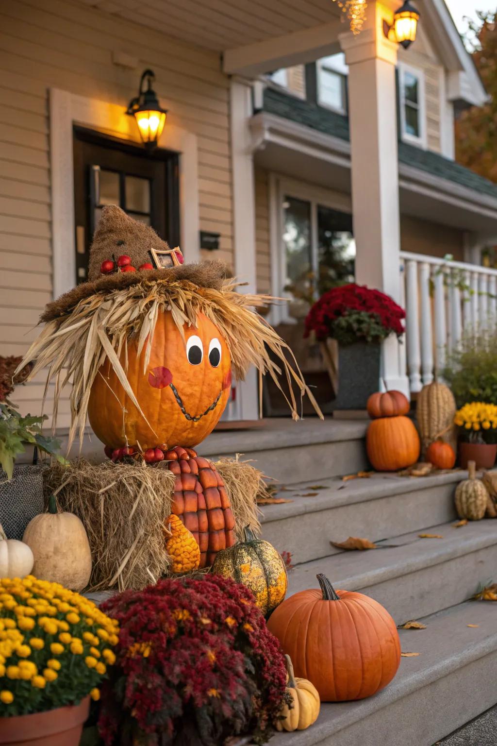 Hay hair introduces a playful feature to this scarecrow pumpkin.