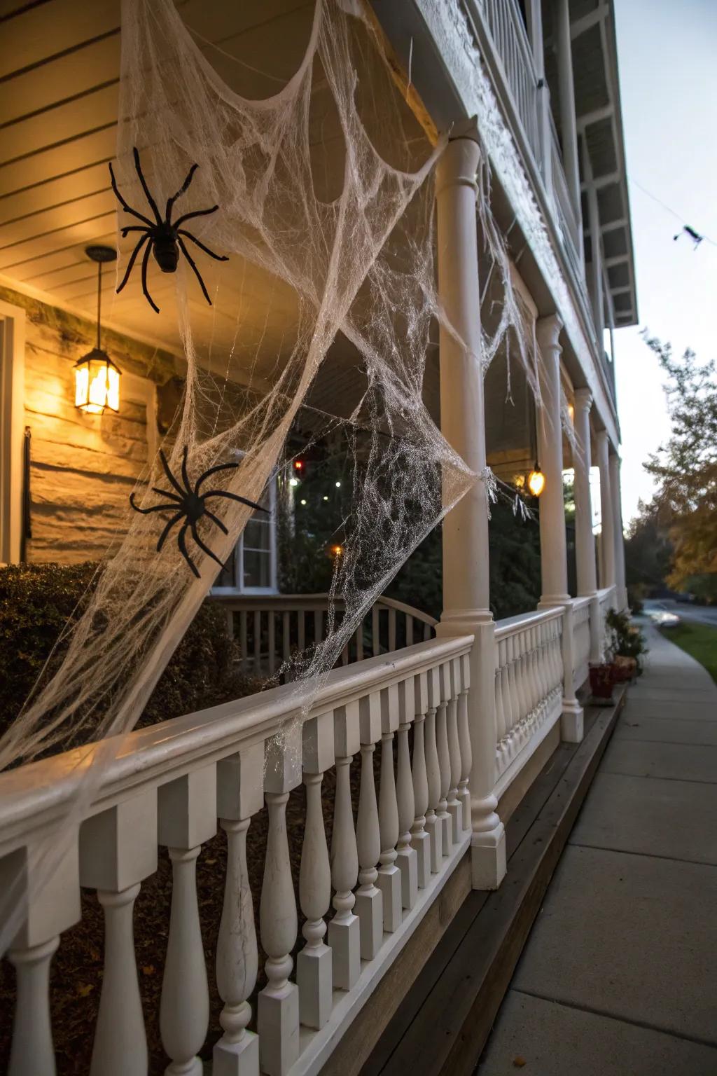 Creepy spider webs transform this porch into something from a scary story.