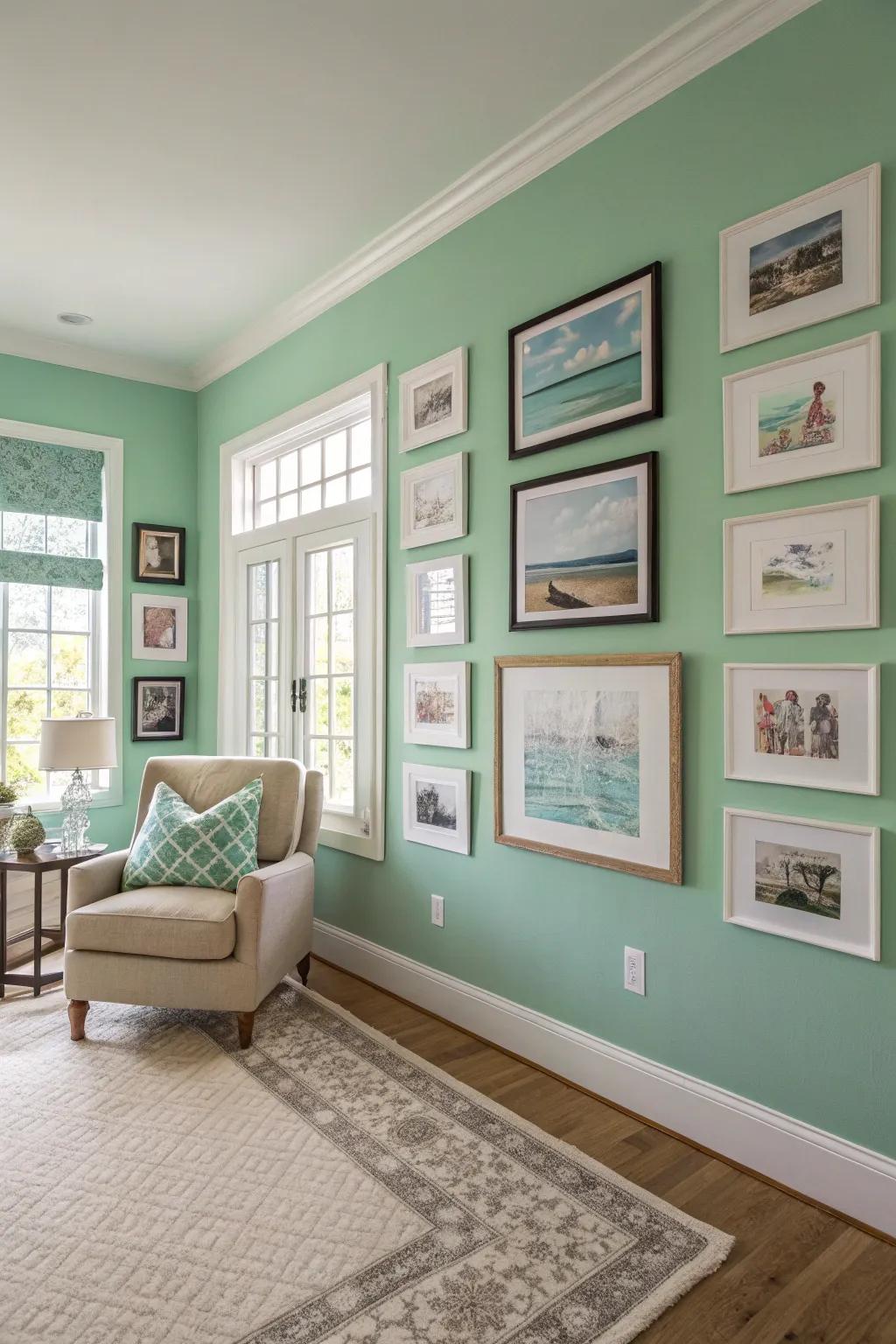 A captivating seafoam green accent wall in a creative workspace.