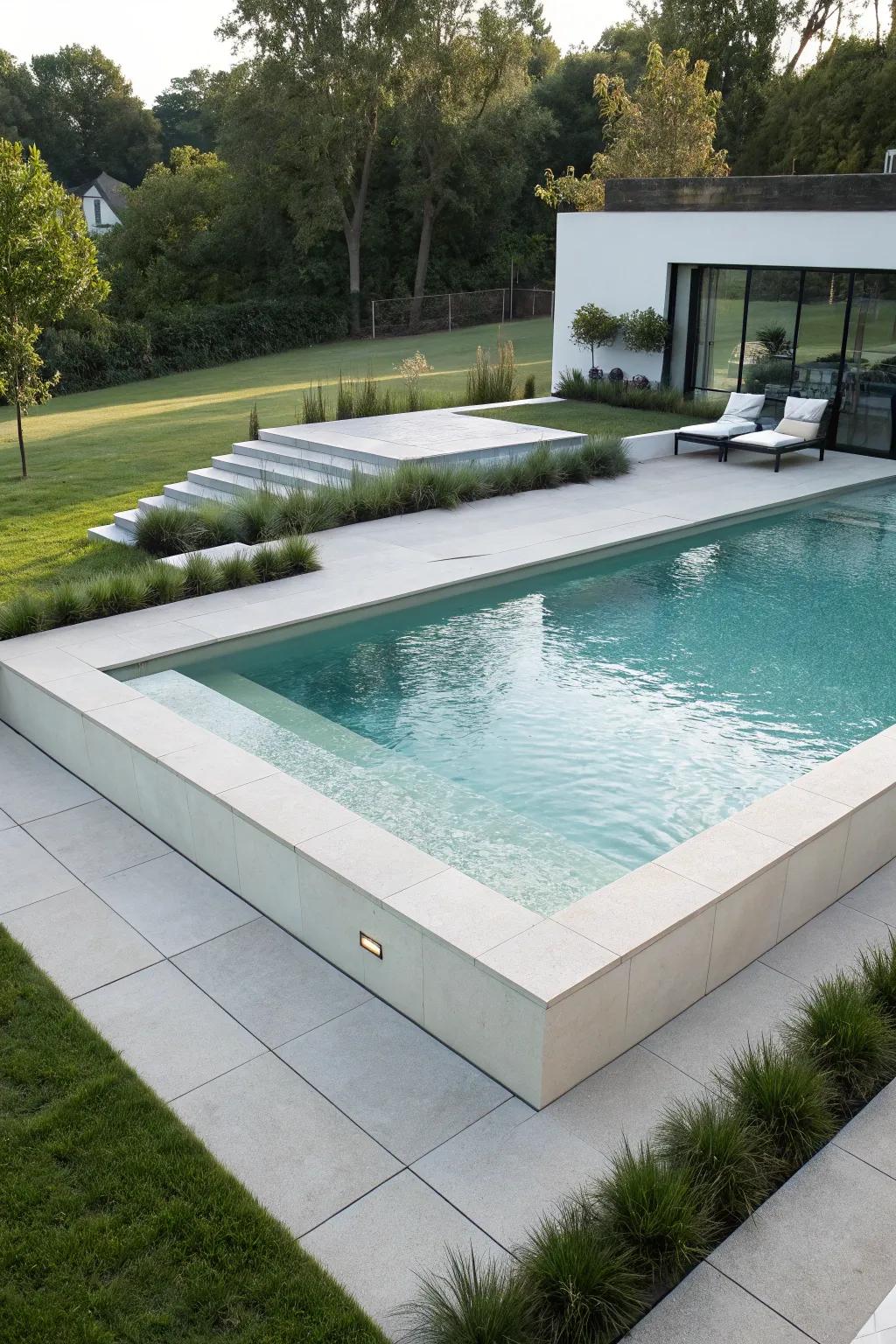 A minimalist semi inground pool featuring sleek, geometric design components.