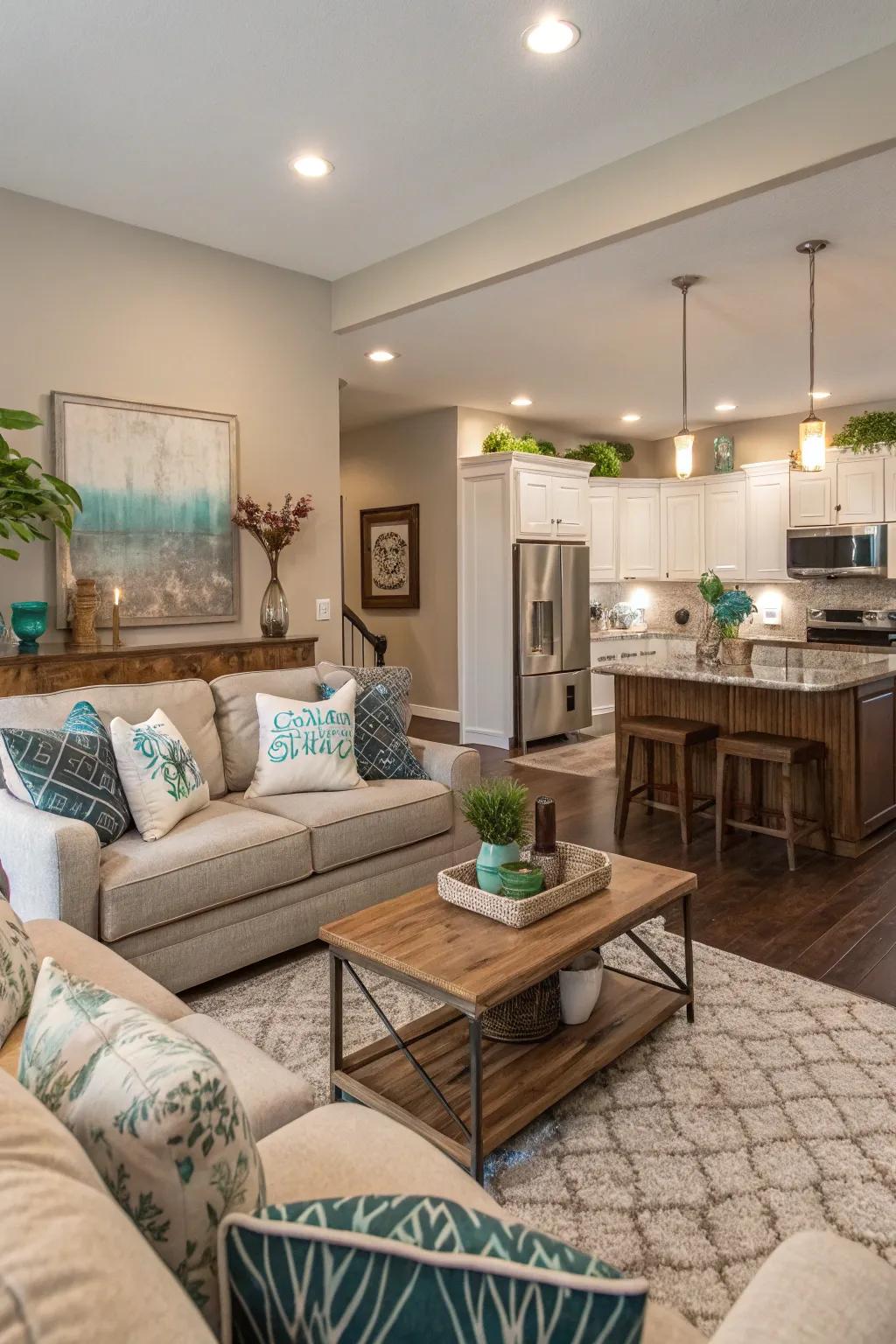 A cohesive color palette unifies the kitchen and living room with an airy flow.