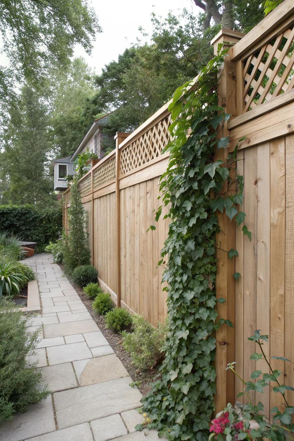 A captivating trellis feature enriches a partially-secluded fence with elegance and usefulness.
