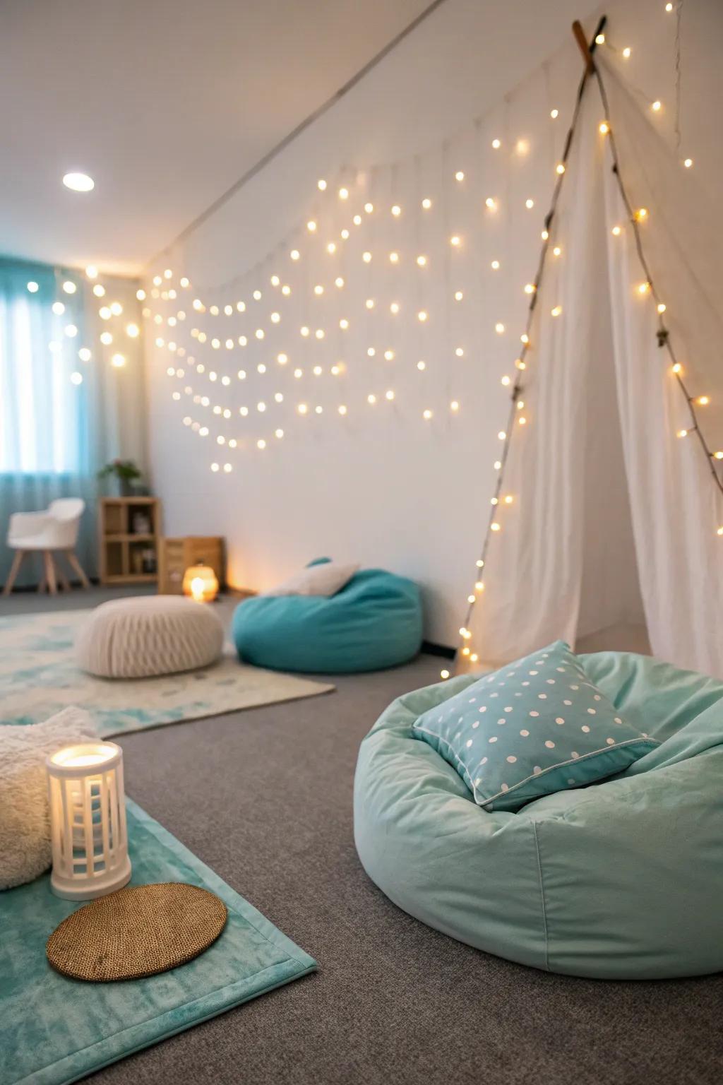 Gentle lighting turns the room into a peaceful refuge.