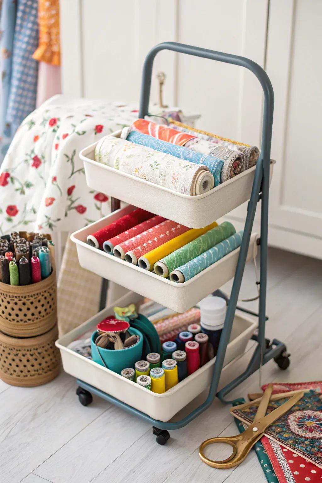 Mobility and organization are enhanced by a rolling cart.