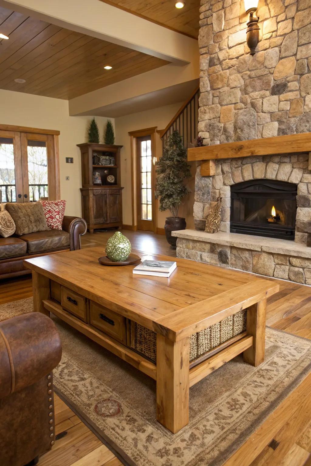 Natural wood and stone impart warmth and countryside charm to the area.
