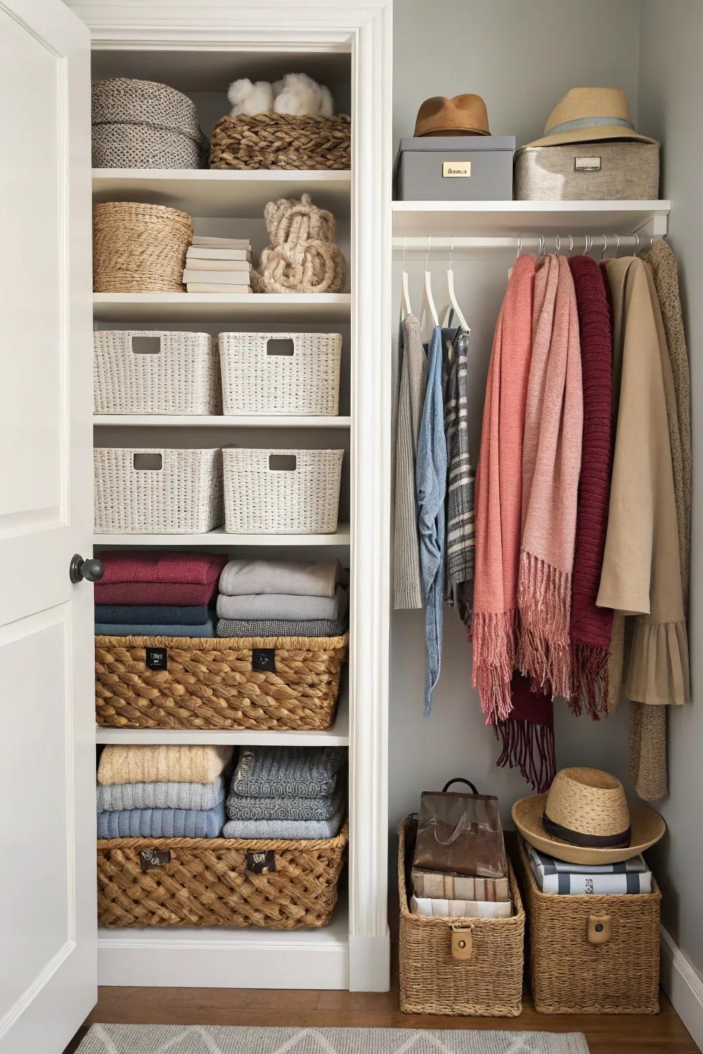 Woven containers and bins neatly arrange accessories in a shared closet.